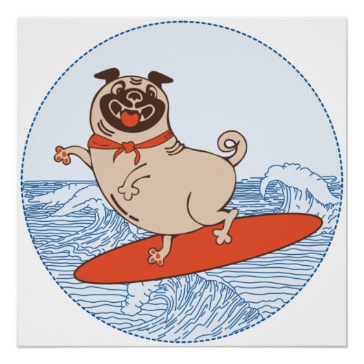 Poster Carlin heureux sur une planche de surf (Devant)