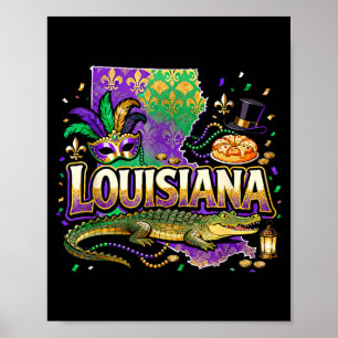Poster Carnaval de la Louisiane Mardi Gras Design Alligat