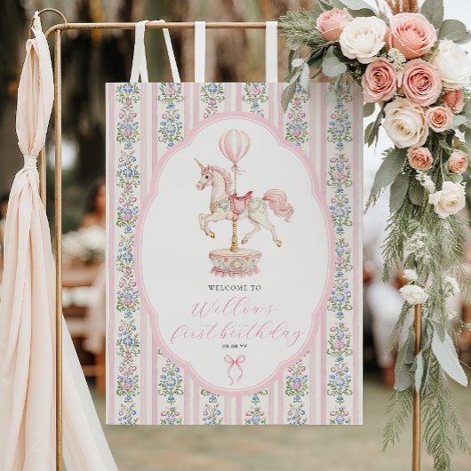 Poster Carousel Pink First Birthday Welcome