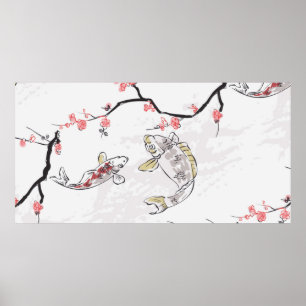 Poster carp koi fish nature landscape view sketch illustr