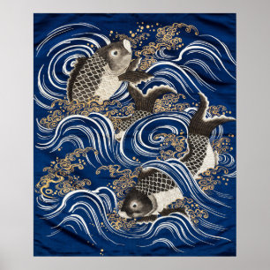 Poster Carpe Japonaise vintage En Vagues, Rétro