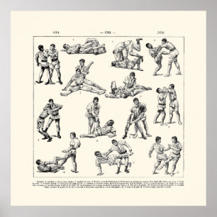 Poster Carré rétro élégant noir et blanc Jiu Jitsu