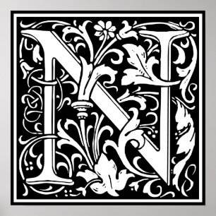 Poster Carreau de lettre N de monogramme d'alphabet flora