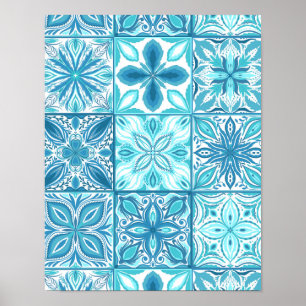 Poster Carreaux décorés en bleu et blanc