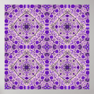 Poster Carreaux floraux en violet et rose barbe à papa
