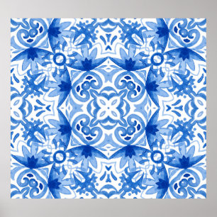 Poster Carrelage blanc bleu, motif aquarelle sans couture