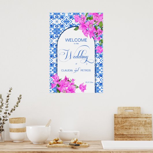 Poster Carrelage bleu et Bougainvillier élégant panneau d (Cuisine)