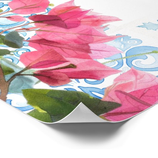 Poster Carrelage bleu floral | Programme de mariage de Gr (Coin)