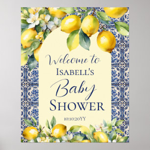 Poster Carrelage bleu italien aquarelle citron bébé accue