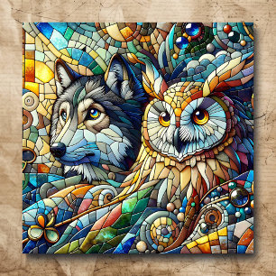 Poster Carrelage mosaïque Loup et hibou