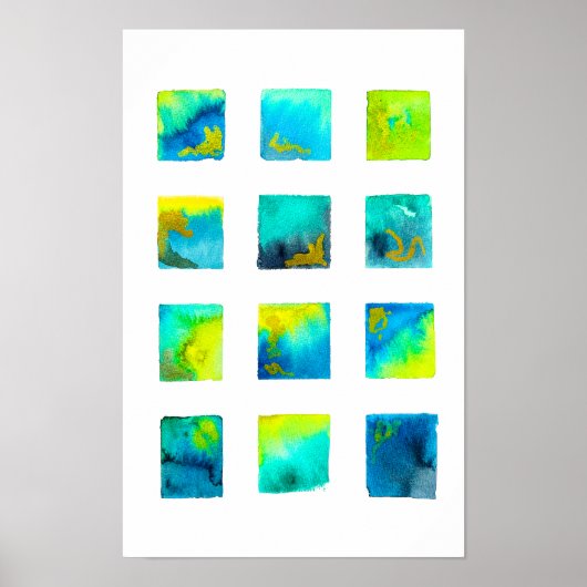 Poster Carrés bleus aquarelle abstrait (Devant)