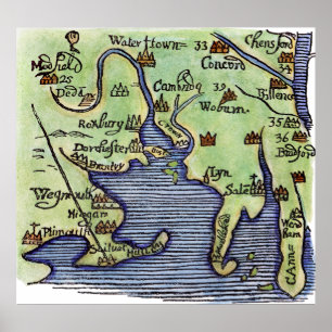 POSTER CARTE 1677 DE LA NOUVELLE ANGLETERRE