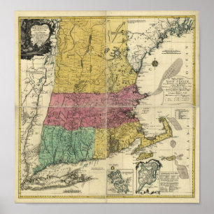 Poster Carte 1777 de la Nouvelle Angleterre de cru