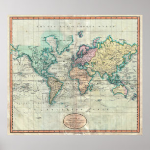Poster Carte 1801 de Cary du monde sur la projection de