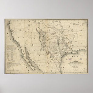 Poster Carte 1844 de la République du Texas et des pays
