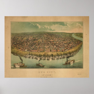 Poster Carte 1859 panoramique de vue d'oeil d'oiseaux de