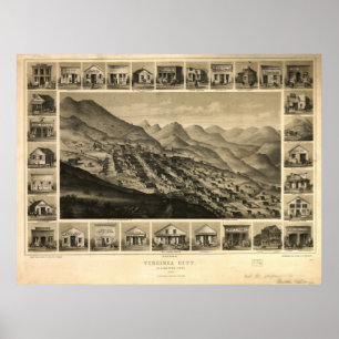 Poster Carte 1861 panoramique de vue d'oeil d'oiseaux de