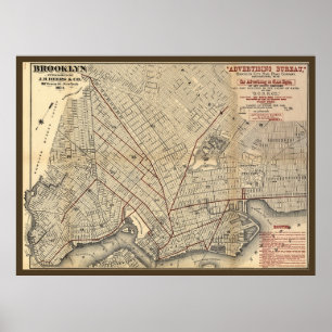 Poster Carte 1874 d'itinéraire de Brooklyn City Railroad