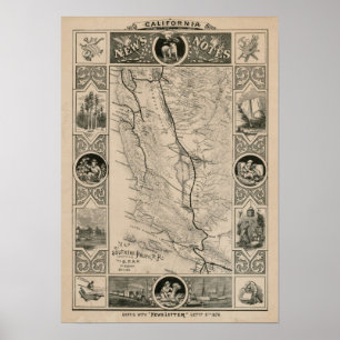 Poster Carte 1876 de la Californie