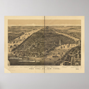 Poster Carte 1889 panoramique de vue d'oeil d'oiseaux de