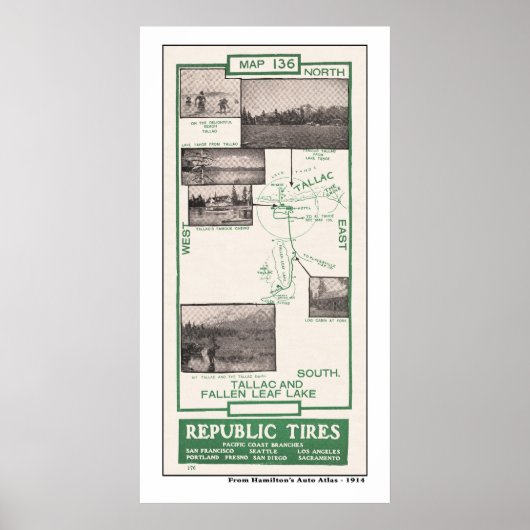 Poster Carte 1914, lac Fallen Leaf et Tallac (Devant)