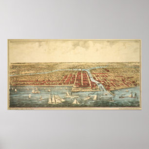 Poster Carte ancienne de Chicago, rue LaSalle et rivière