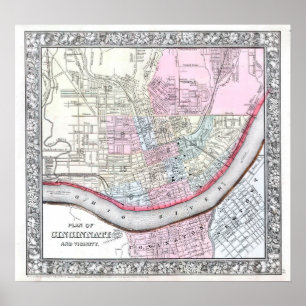 Poster Carte ancienne de Cincinnati, 1864