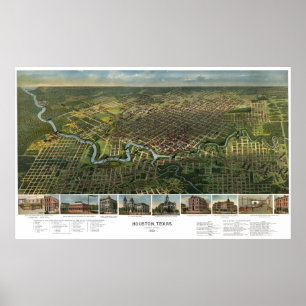 Poster Carte ancienne de Houston, Texas avec la rivière B