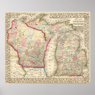 Poster Carte ancienne de la Michigan et du Wisconsin Post
