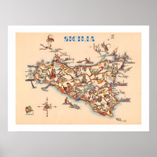 Poster Carte ancienne de la Sicile imprimée (Devant)