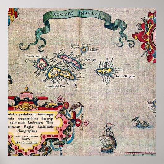 Poster Carte ancienne des Açores - Exploration maritime v (Devant)