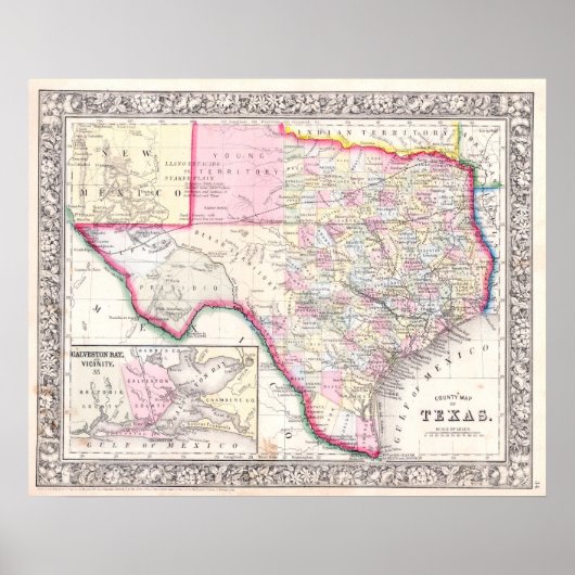 Poster Carte ancienne du Texas, 1864 (Devant)