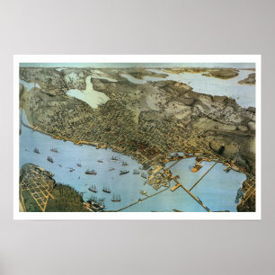 Poster Carte ancienne vue aérienne Ville de Seattle Washi
