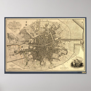 Poster Carte antique de Dublin Irlande, 1797