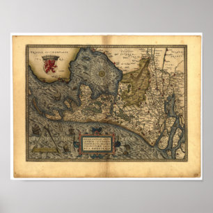 Poster Carte antique de Hollande, le Pays-Bas 1570 A.D.