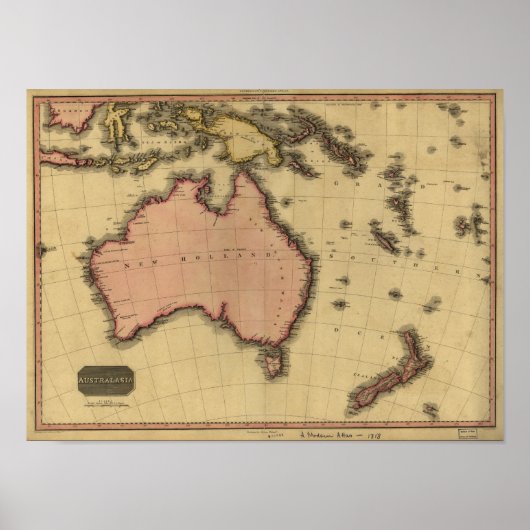 Poster Carte antique de l'Australie et de la Nouvelle-Zél (Devant)