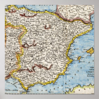 Poster Carte antique de l'Espagne et du Portugal vers les