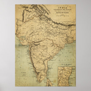 Poster Carte antique de l'Inde au 19ème siècle