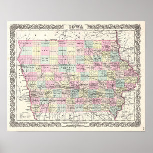 Poster Carte antique de l'Iowa Décor Vintage