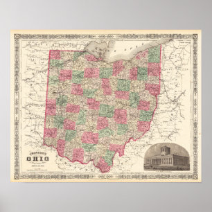 Poster Carte antique de l'Ohio Décor Vintage