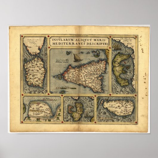 Poster Carte antique de Sicile ORTELIUS ATLAS 1570 A.D. (Devant)