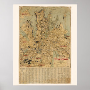 Poster Carte antique de Sydney Australie