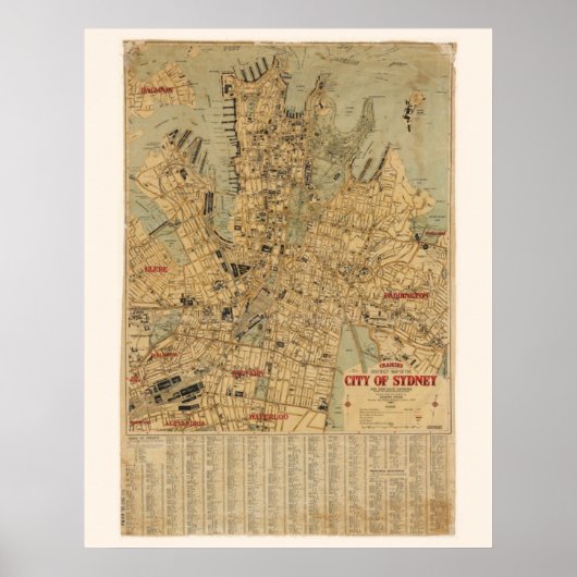 Poster Carte antique de Sydney Australie (Devant)