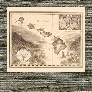 Poster Carte antique des îles Sandwich, Hawaii 1700