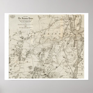 Poster Carte antique des lacs Saranac New York