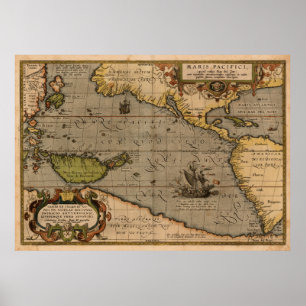 Poster Carte antique d'Ortelius de la mer du Pacifique