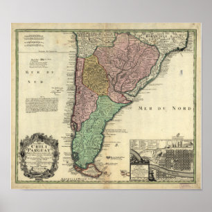 Poster Carte antique du Chili et du Paraguay 1733