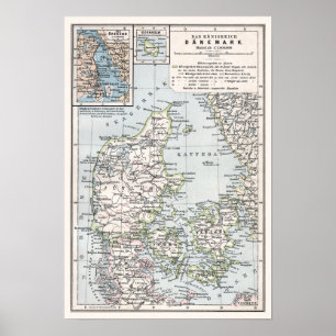 Poster Carte antique du Danemark, Danemark, Danmark