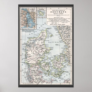 Poster Carte antique du Danemark, Danmark en danois, 1905
