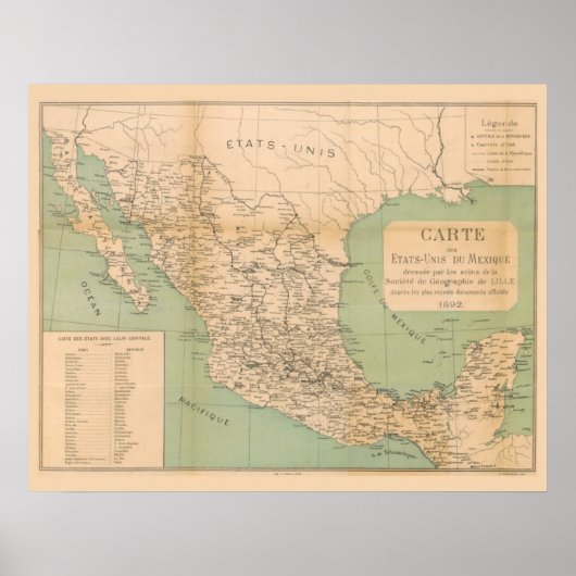 Poster Carte antique du Mexique Etats-Unis du Mexique (Devant)